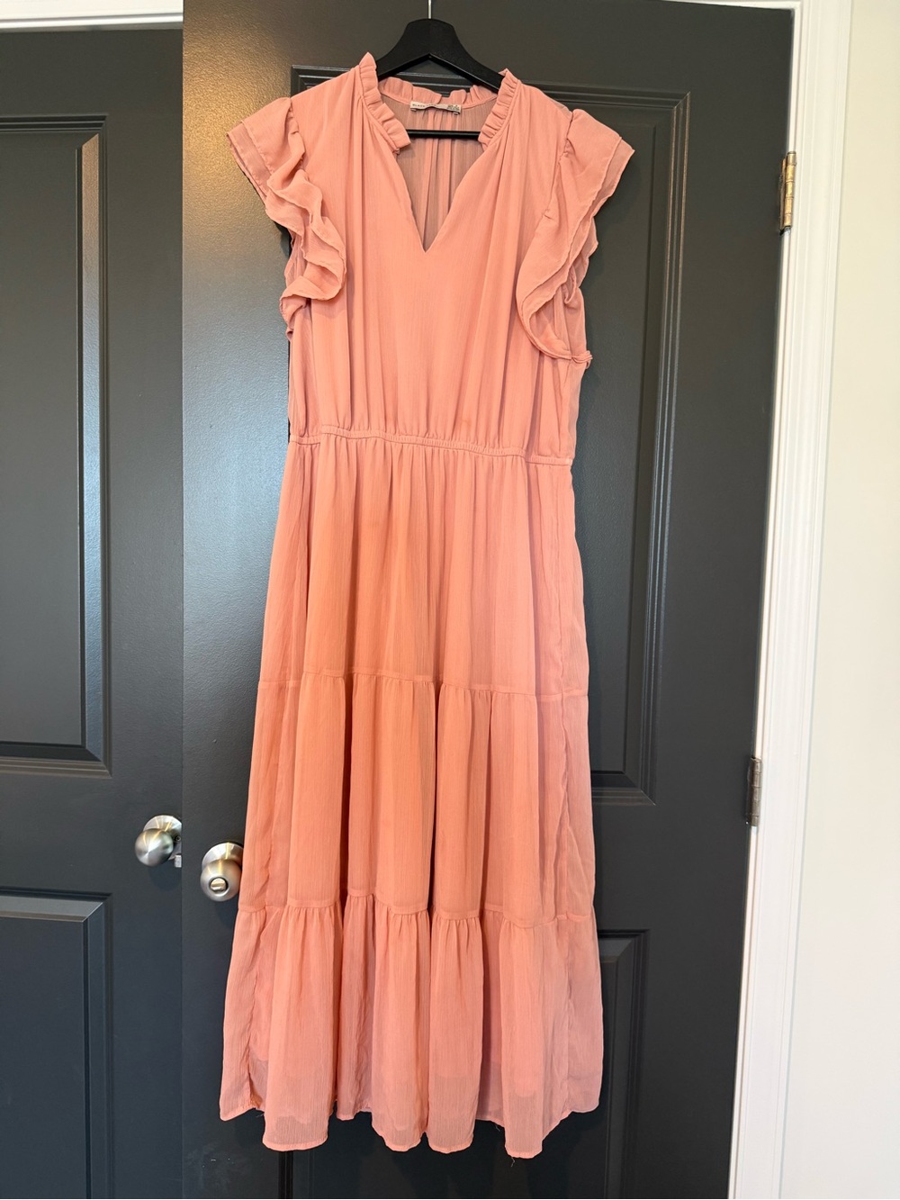 Black Tape_ Peach Ruffled Tiered Maxi Dress